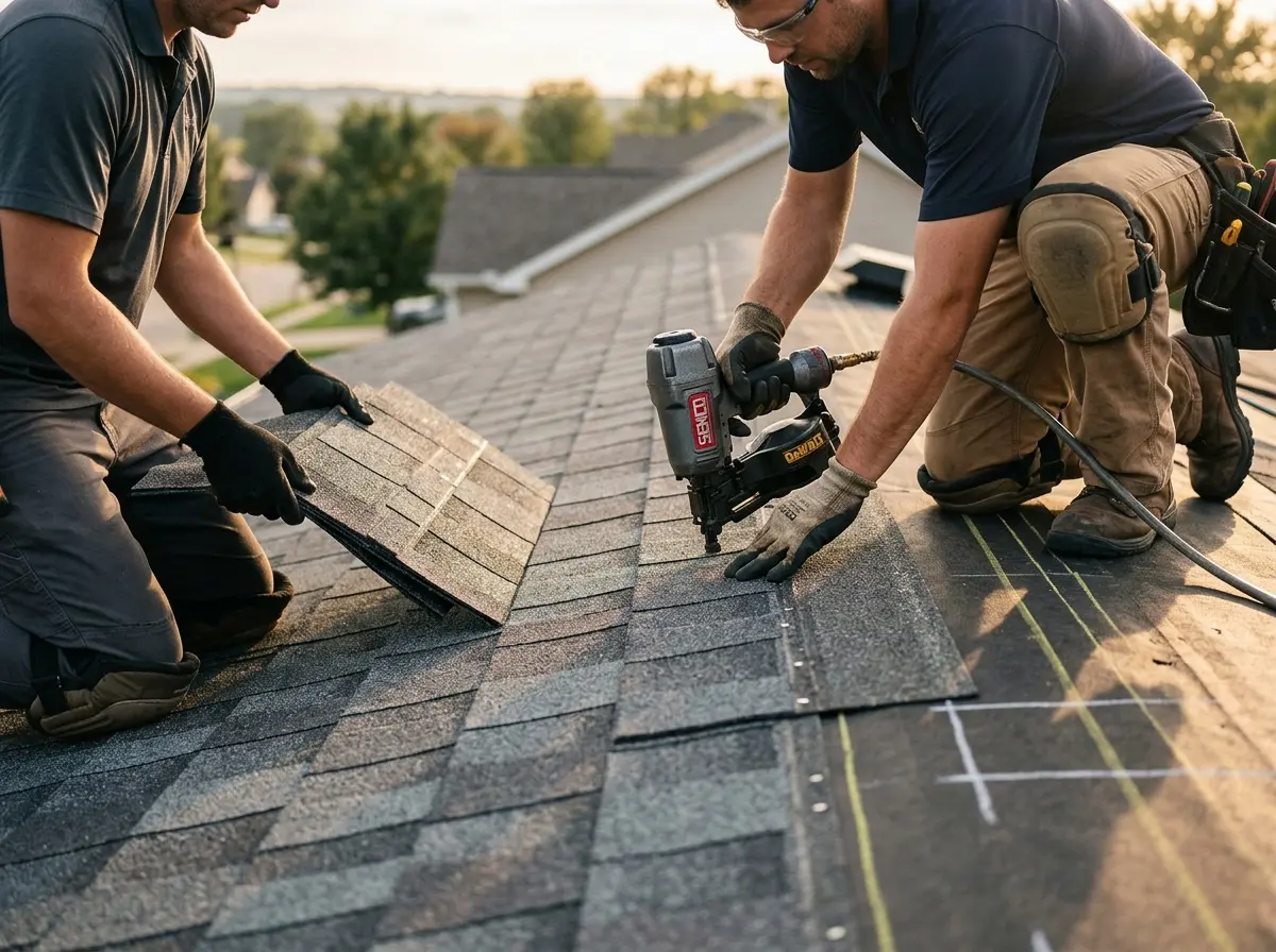 Professional roofer working on a residential roof in Hinsdale